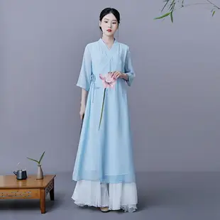 茶藝服裝禪服茶服女改良唐裝古風女裝日常漢服中國風旗袍連衣裙夏