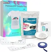 GOZYE DTF Transfer Film and DTF Powder Set, Direct to Film Starter Kit Contains 20 Sheets A4 PET Film, 8.8 oz Hot Melt Powder, 45 ft Recognition Tape, 2pcs T-shirt Ruler Guide for Printing on T-shirts