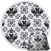 Black and White Royal Floral Round Beach Towel