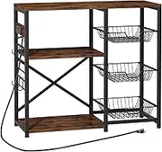 Homeiju Kitchen Island, Baker's Rack with Power Outlet, Microwave Stand, Coffee Bar with 3 Removable Wire Baskets, Kitchen Storage Rack with 6 S-Hooks for Spices, Pots and Pans - Rustic Brown