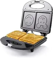 Sandwich Press 750W Smiley Face Toastie Maker & Waffle Maker, Non-Stick Plates, Quick Heat-Up, Easy-Clean, Fun Smile Pattern Sandwich & Waffle Grill, Compact & Portable