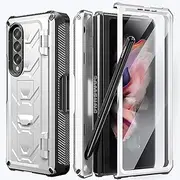 [ELEPIK] Armour Series Case for Samsung Galaxy Z Fold 4 (2022), Full-Body Dual Layer Rugged Case with Built-in S Pen Holder & Screen Protector & Kickstand & Hinge Protector & Wireless Charging (White)