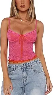 [NVRENJIA] Women Y2k Lace Mesh Camisole Spaghetti Strap Tie Front Tank Summer Going Out Crop Tops Sexy Cami Bustier Shirt