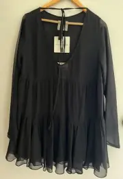 BNWT WAS $150 One Teaspoon Flowy Sheer Mini Black Dress Size 12 Boho Long Sleeve