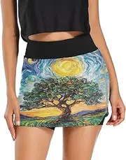 [RPLIFE] Starry Night Beautiful Tree Blue Short Skort, Ladies Tennis Skorts, High Waisted Skirts for Women Tummy Control