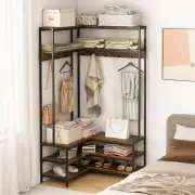 CostwayCorner Garment Rack L-shaped Clothes Rack with Open Shelves and 7 Hooks-Rustic Brown