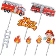 AIMALL 8pcs Fireman Cake Topper Set with Fire Truck, Firefighter, Ladder, and 'Happy Birthday' Sign for Fireman-Themed Birthday Party Decorations, Ideal for Cake and Cupcake Toppers