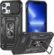 Slide Camera Cover for iPhone 15 Pro,Kickstand with Built-in 360° Rotate Magnetic Ring Stand Shockproof Protective Armor Cover,Black