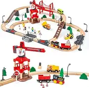 Wooden Train Set - Classic Railway Train Set for Kids 3-12 Years - Red