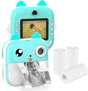 Portable ren Instant Thermal Print Camera 2.4 Inch Screen Digital Camera P Selfie HD Video Thermal INKL Printing with 3 Rolls White Print Paper Learning Toy Birthday Girls Blue BL-1