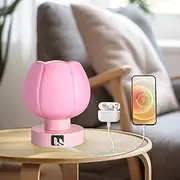 Touch Table Lamp, Small Modern Nightstand Lamp for Bedroom with USB C+A Charging Ports, Pink Glass Shade, E27 2700K Bulb Included, Minimalist Design, Stepless Dimmable