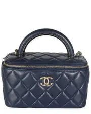 Chanel Blue Quilted Leather Top Handle Vanity Case With Chain (Authentic Pre- Loved)