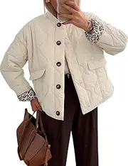 [VDWIP] Women’s Quilted Lightweight Puffer Jacket Oversized Leopard Print Lined Jacket Long Sleeve Button Down Padded Coat