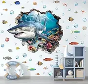 YIMEHDAN 3D Large Shark Wall Decals(28.1”x22.8”), Watercolor Sea World Vinyl Wall Stickers, Removable Cartoon Under The Sea Animal Artwork for Baby Bedroom Playroom Bathroom Decor