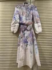 NWT! $1,050 ZIMMERMANN Floral Hydrangea Belted Linen Midi Dress, AU 0/1/2/3
