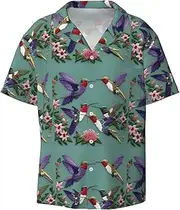 [HVTTIOR] Flower Hummingbirds Embroiderys Print Short Sleeve Shirt Cuban Collar Beach Casual Style Summer Vacation Relaxed Fit