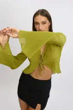 Green Tie Up Front Top Long Sleeve Textured - Size 6XXS, Women's Bolero