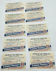 (10) Vintage Apothecary Paper Bottle Labels SYRUP OF IPECAC Elmwood Berkeley, CA