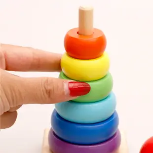 木製質嬰幼兒童寶寶男女孩益智力玩具 七彩彩虹塔套圈套柱配對積木 形狀配對積木 益智玩具1-2-3歲男女孩【包郵】