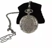 Muddier Quartz Silver Toned Engraved Case Pocket Watch With Silver Toned Chain