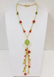 Vintage 1980s-90s Gold Lucite Glass Bead Station Tassel Necklace 28”