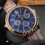 【TOMMY HILFIGER】TOMMYHILFIGER手錶型號TH00046(寶藍色錶面玫瑰金錶殼咖啡色真皮皮革錶帶款)