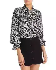 AQUA Ruffle Trim Printed Blouse Women's M Black/White Stand Collar Button Front