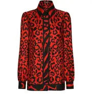 NWT Dolce & Gabbana Red Black Leopard Print Logo Silk Top Blouse Sz 44 8 $1745