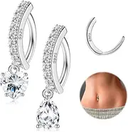 [Milacolato] 2 PCS 925 Sterling Silver Belly Button Rings, 14G Clicker Dangle Belly Rings Internally Threaded 10mm Bar Belly Piercing Jewelry, 5A Cubic Zirconia Teardrop Dangle Navel Rings for Women Men