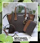 NWT MICHAEL KORS AVRIL SM TZ Satchel X-body BAG +WALLET In BROWN Sig CC Leather