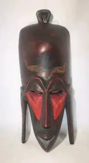 Handcarved And Painted Tribal Wood Mask Made In KENYA (Stand-up/Hang) 10"H & 4"W