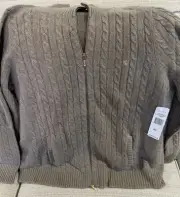 NWT Ralph Lauren CASHMERE Cable Knit Cardigan Zip Women L XL 2X Toboggan Tan