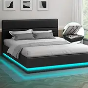 ALFORDSON Gas Lift Storage Bed Frame Base with Headboard & LED Light Bertold Series, Mattress Topper Platform Foundation with Linen Fabric Upholstery, 350kg Capacity, King, Charcoal Colour