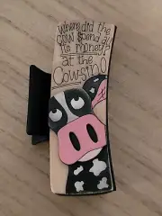 Hand Painted Wood Cut Funny Cow On Black Claw Clip 4.1"