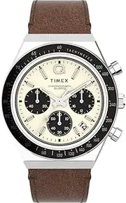 [Timex] Men's Q Chronograph 40mm Brown Leather Strap TW2V42800 Dress Watch, Cream, 40mm