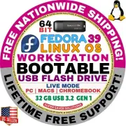 LINUX FEDORA 39 WORKSTATION BOOTABLE USB DRIVE | 64-BIT, Live Mode | MAC, PC