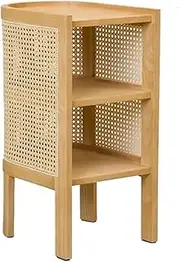 Bedside Table Rattan Woven Wood Bedroom Furniture Double-Layer Structure Nightstand Table Versatile Scene Side Table(Yellow)