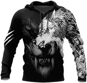 [YOROOW] 3D Viking Fenrir Wolf Tattoo Hoodie Men's Dark Wolf Print Sweatshirt Nordic Mythology Long Sleeve Pullover Casual Jacket