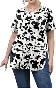 [Zylphorix] Women Printed Split Short Sleeve Top Casual Round Neck Leopard T-Shirt Summer Side Split Round Neck Tee