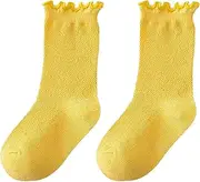 [SDZXC] Girls Spring And Summer Mid Thigh Socks Solid Color Mesh Breathable Combed Cotton Ruffle Cute Socks (Yellow, 9-12 Years)