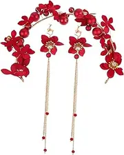 [Baluue] 1 Set Tassel Headband Earrings Tassel Earrings Bridal Headdress Red Hairpiece Headpiece for Bride Diamond Dangle Earrings Floral Suit Hair Ribbons Delicate Headdress Alloy