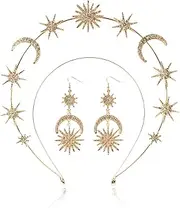 puwuto Halo Crown - Stars Crystal Goddess HeadBand with Earrings Mary Metal Halo Headpiece Celestial Crowns Tiaras for Women Bridal Wedding Costume Cosplay Party Goddess Accessories - Gold