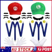 Super-Mario Luigi Bros Hat Mustache Glove Suspender Set Costume Cosplay Party