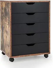 [Giantex] 5-Drawer File Cabinet, Side Cabinet File Pedestal w/ 4 Castors, Wood Under Desk Drawer, Storage Cabinet Organiser, Compact Chest of Drawers Dresser, Mobile File Cabinets (Rustic Brown)