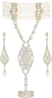 [Udalyn] 1920s Flapper Bracelet Ring Set Imitation Pearl Crystal Bracelet for Women Art Deco Gatsby Earrings 20s Flapper Gatsby Accessories Vintage Wedding Dangle Pearl Earrings, crystal