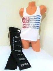 BLING Victoria Secret Pink SEQUIN American Flag July 4th ❤️ TANK CROP PANT S SET