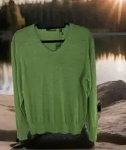 Men's L Sweater Green Thin Knit Morino Wool Liquid Luxury Pullover VNeck New Tag