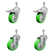 4 Inch SS Green Polyurethane 3/8 Inch Threaded Stem Caster Set 2 Total Lck Brake