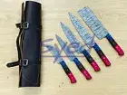 Custom Handmade Damascus wood handle Kitchen Chef Knife Set 5Piece with leather