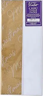 Design by Violet Christmas Gold/White Merry Christmas Text 4 Sheets Decorative Tissue Paper for Gift Wrapping Present Crafts Wrapping Paper 50cm x 70cm - Festive Tissue Paper - Christmas Tissue Paper